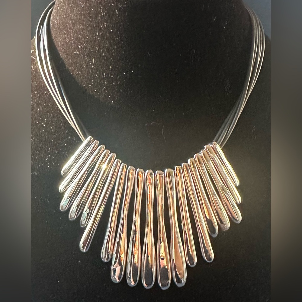 Silver Tone Thick Fringe Vintage Collar Bib Necklace Tribal Look